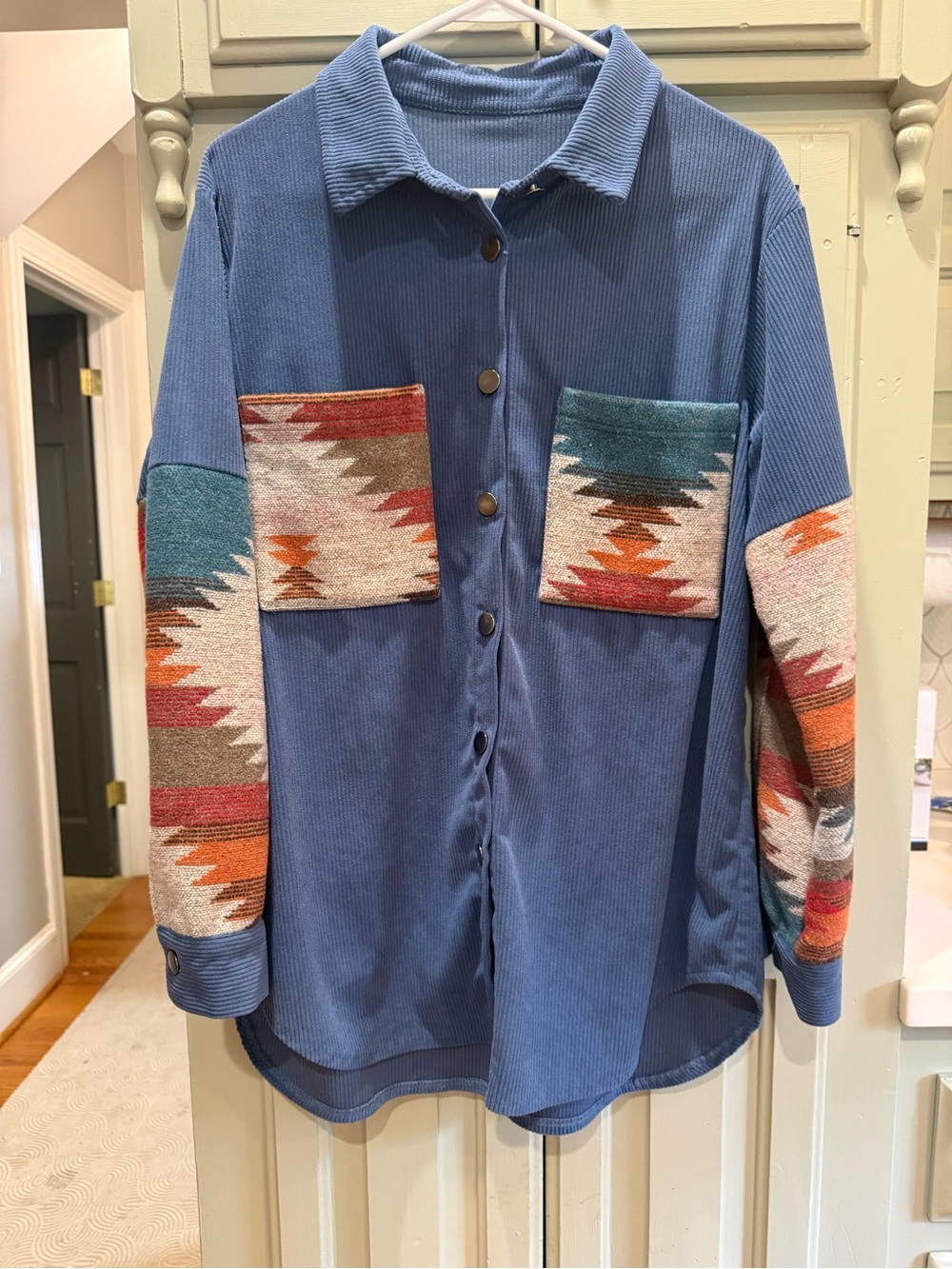 Women’s Corduroy Button-Up Shirt Jacket with Aztec Detail